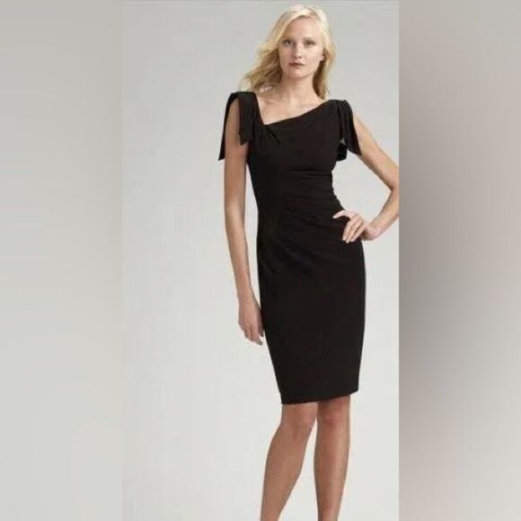 David Meister Black Stretch Cocktail Dress Asymmetric Neckline Size 10 - Picture 1 of 10